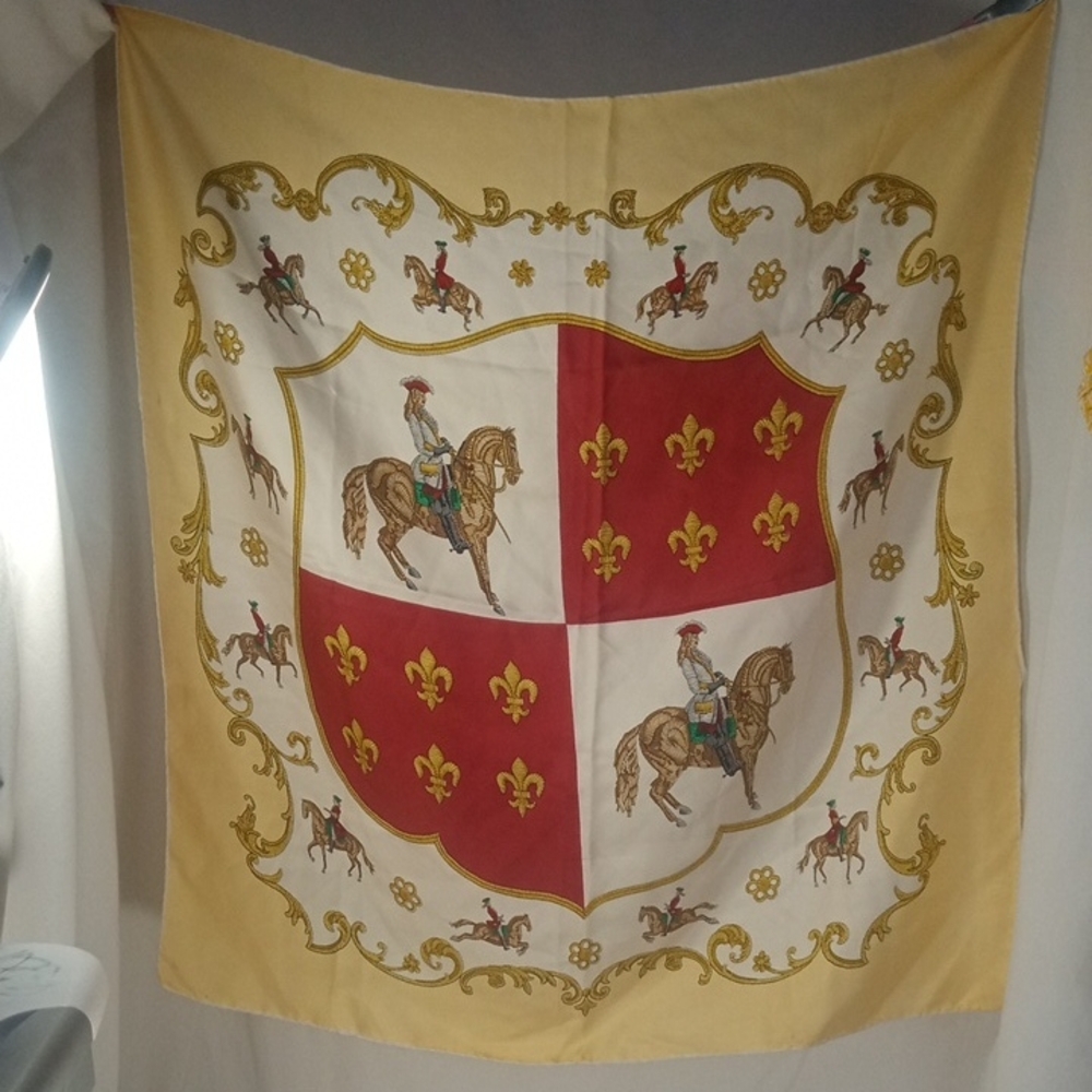 Vintage Red and Gold Silk Equestrian Scarf, 30" X 31"